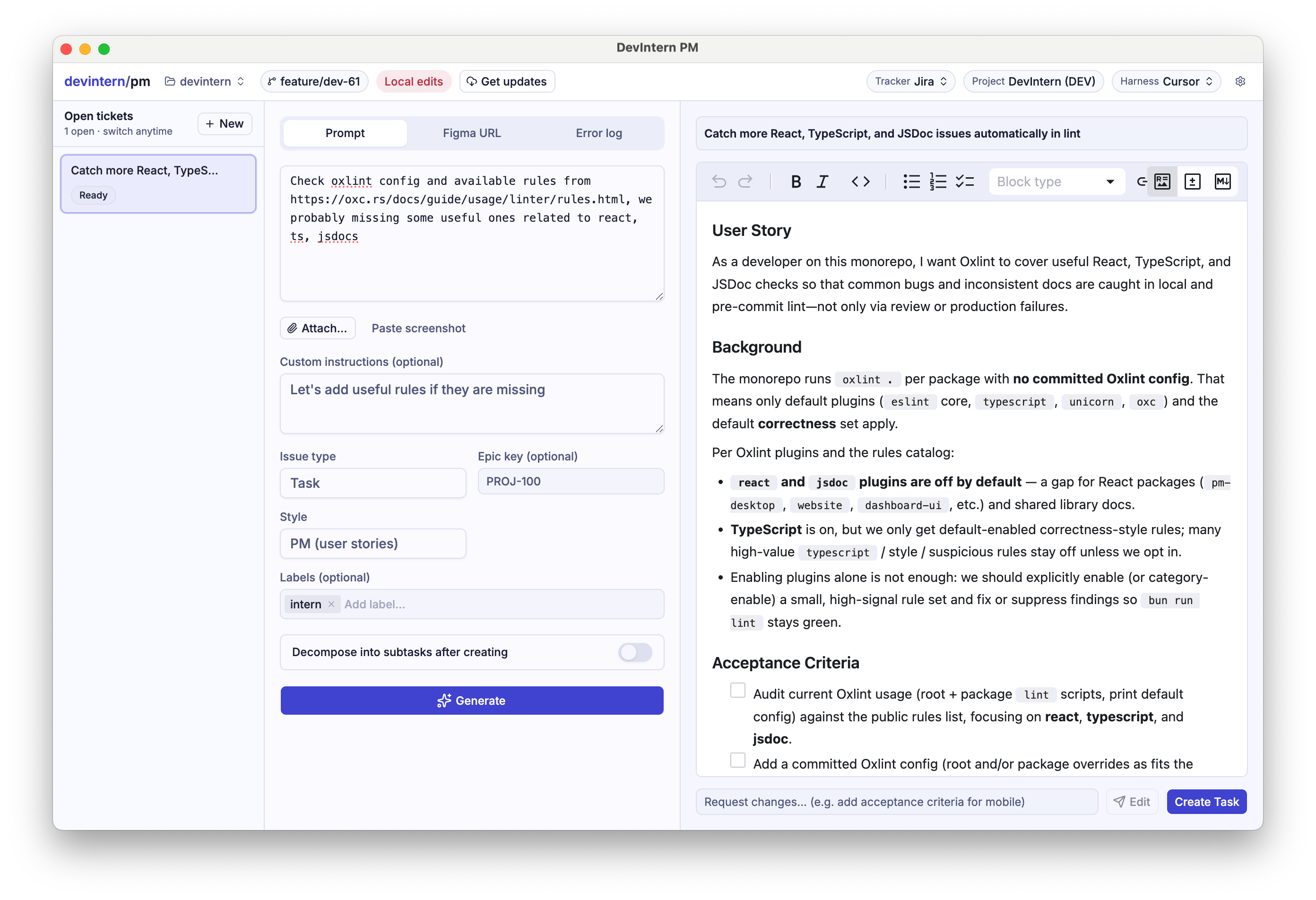 DevIntern PM with a rough prompt about Oxlint on the left and an editable user story on the right. Create Task is still unclicked.